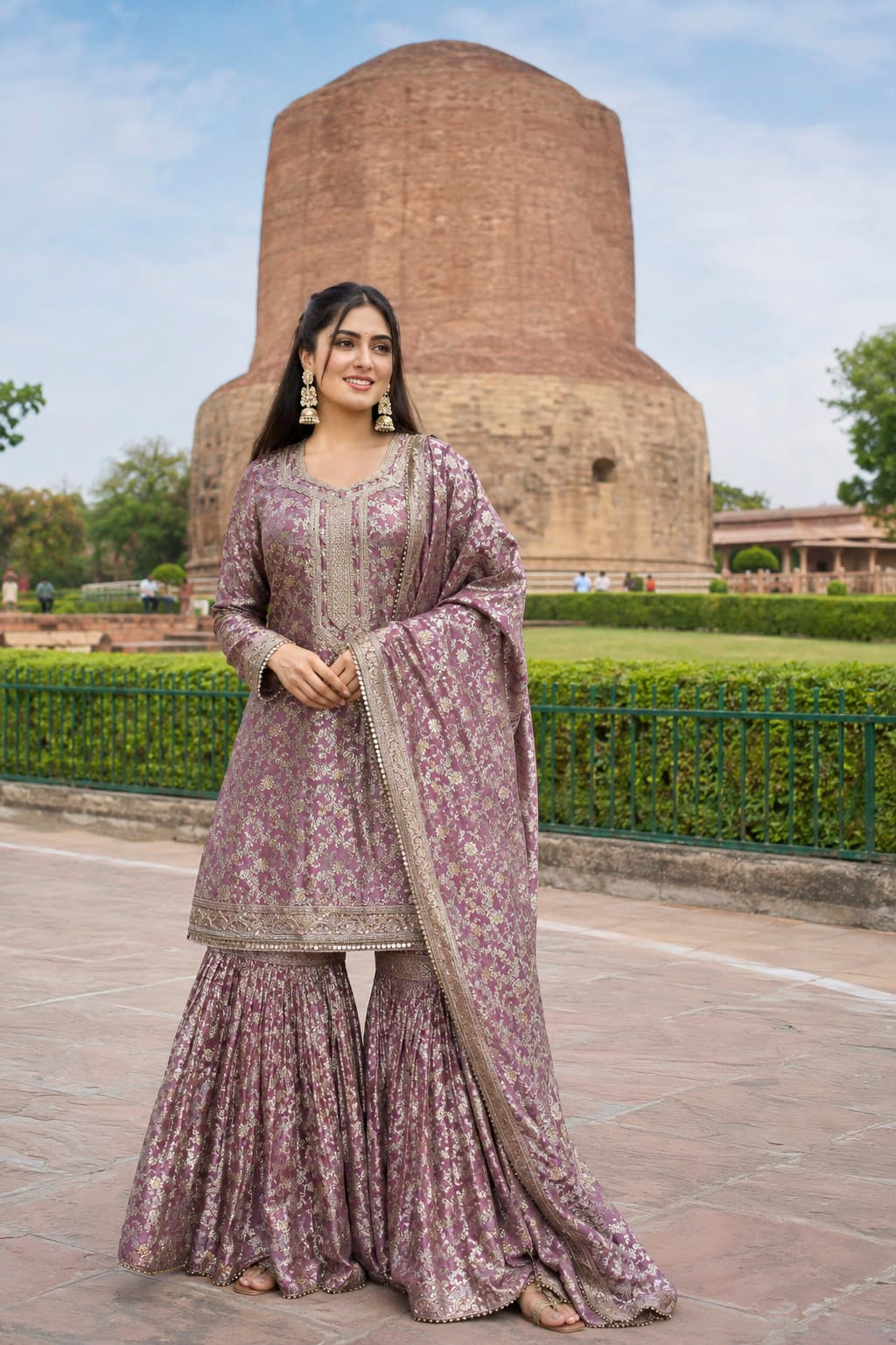 Dusty Copper Banarasi Brocade Gharara Set with Pearl Lace Border