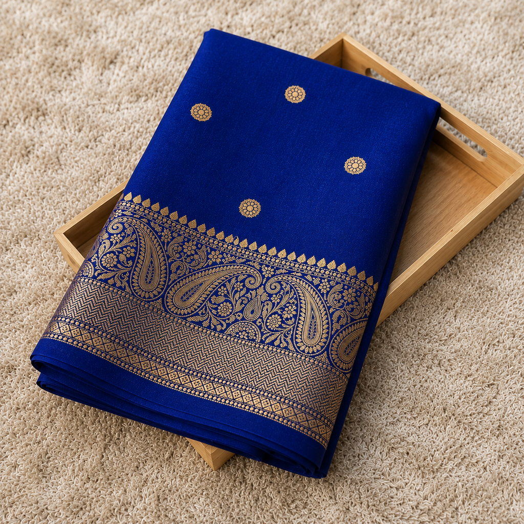 Royal Blue Woven Saree with Elegant Golden Paisley Border