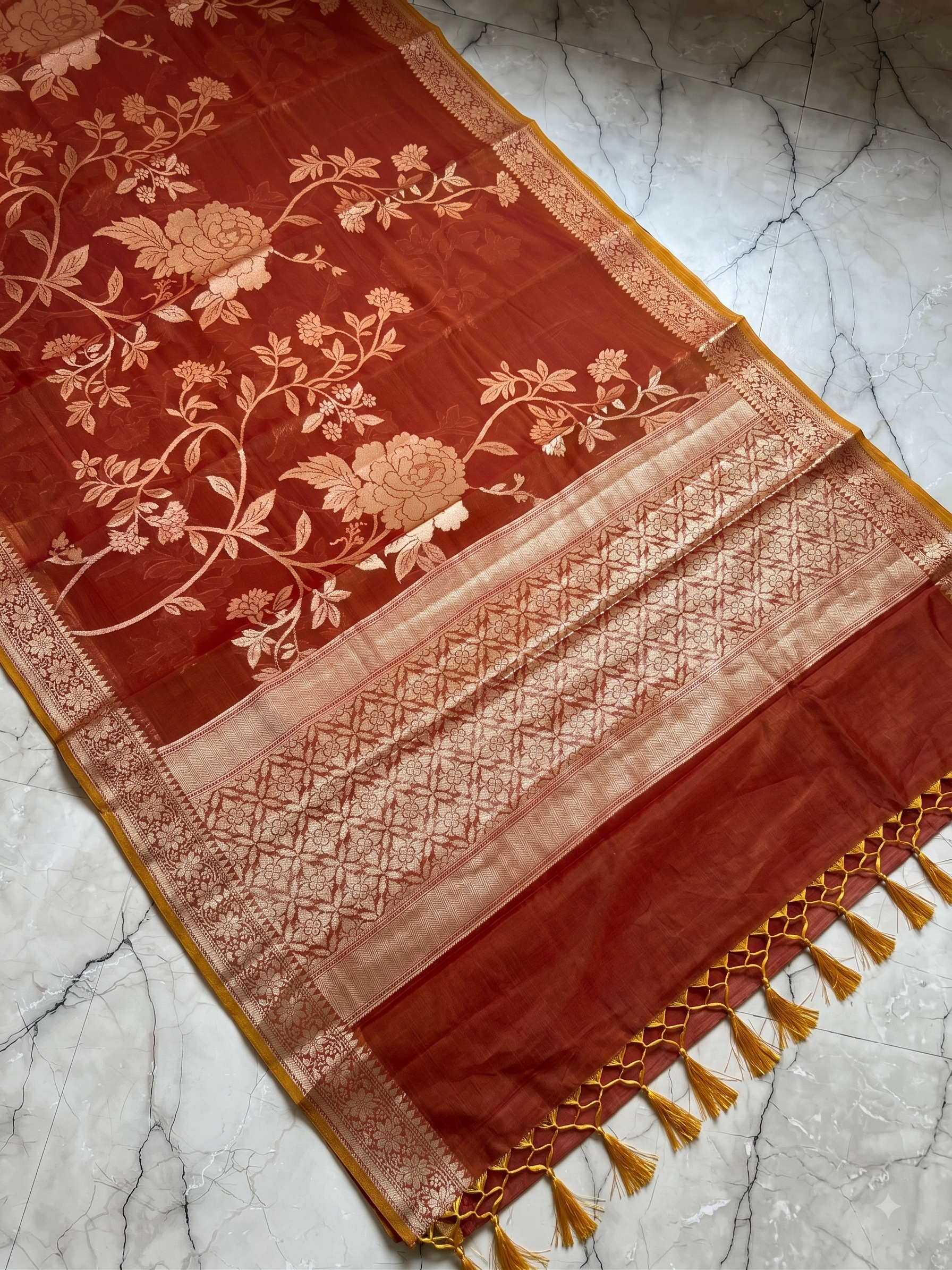 Elegant Rust Red Banarasi Silk Saree with Floral Jaal