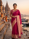 Elegant Pink Woven Saree with Rich Zari Temple (Ghat) Border