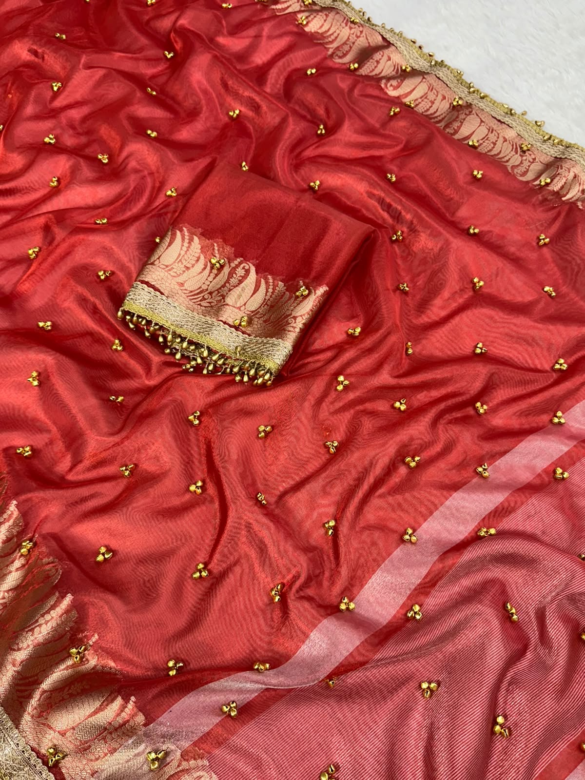 RED TISSUE SILK VIRAL GHUNGROO WORK SAREE