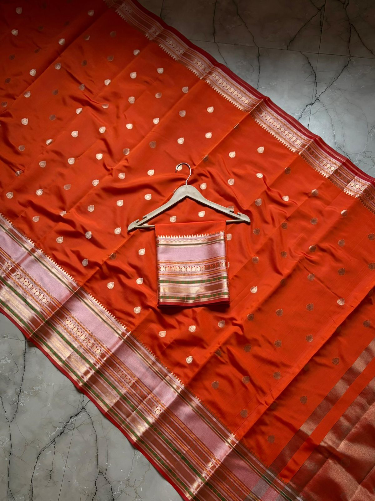 Elegant Orange Banarasi Saree with Zari Border & Pallu