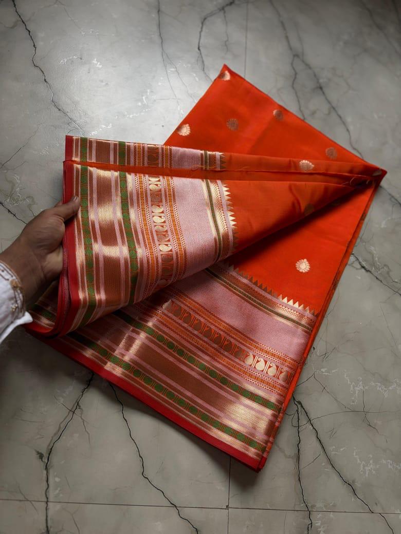 Elegant Orange Banarasi Saree with Zari Border & Pallu