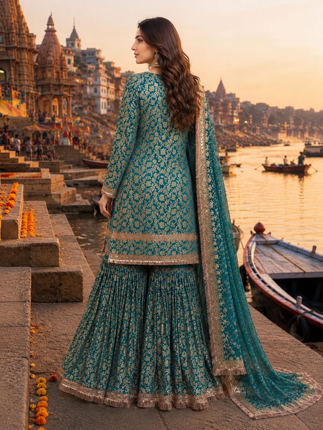 Rama Green Banarasi Gharara Set with Heavy Zari Work