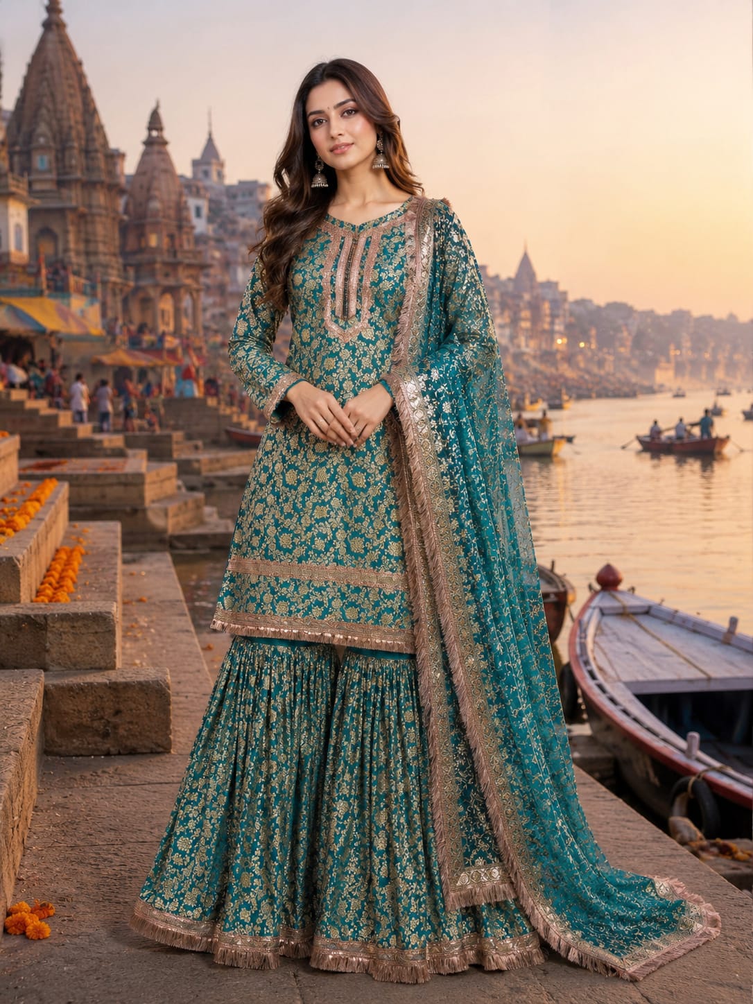 Rama Green Banarasi Gharara Set with Heavy Zari Work