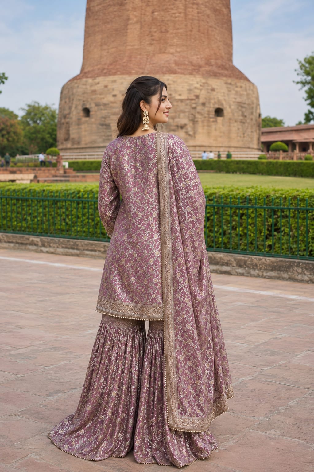 Dusty Copper Banarasi Brocade Gharara Set with Pearl Lace Border