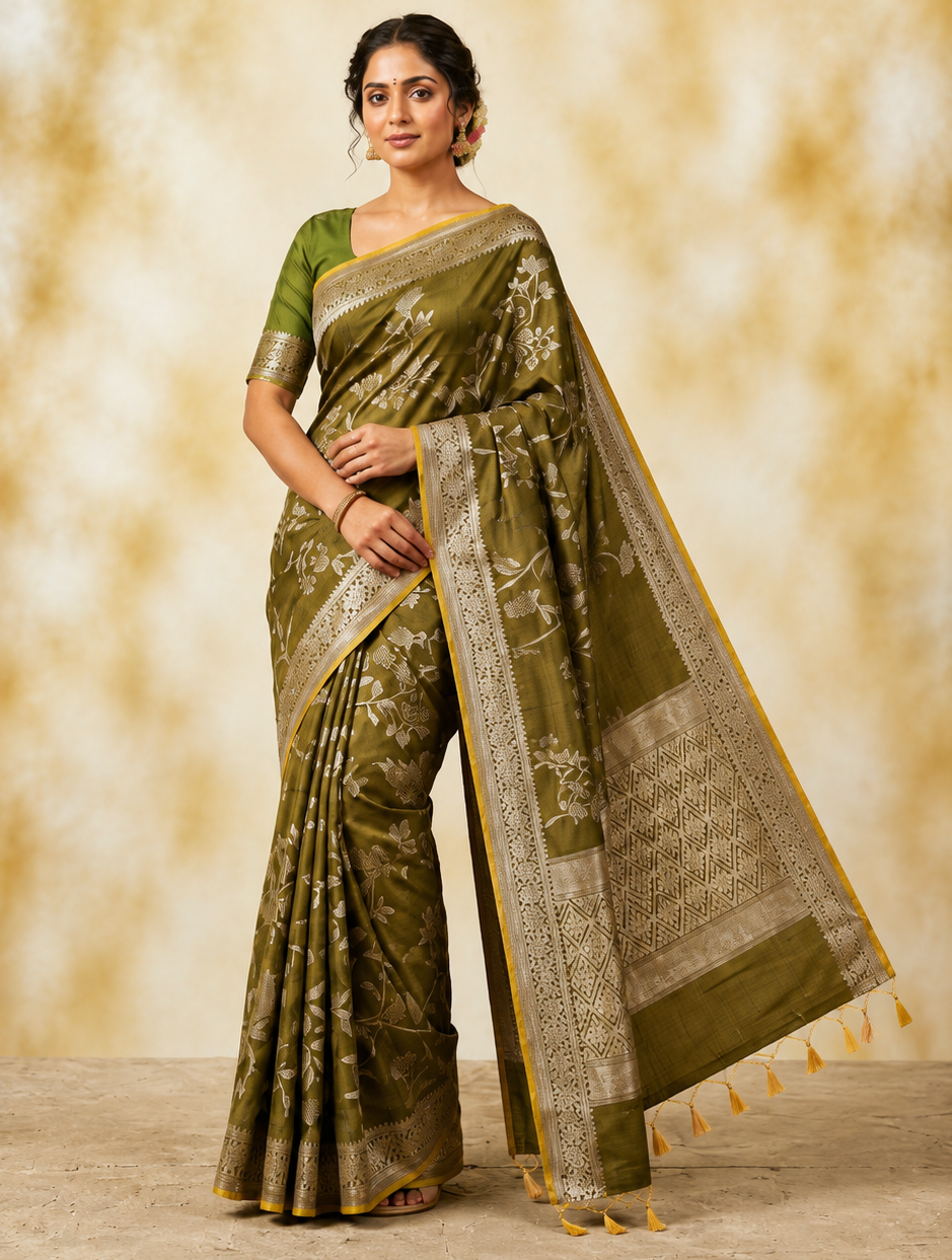 Premium Woven Cotton (Mehdi Green) Saree with Elegant Design | Soft & Comfortable Daily Wear Saree