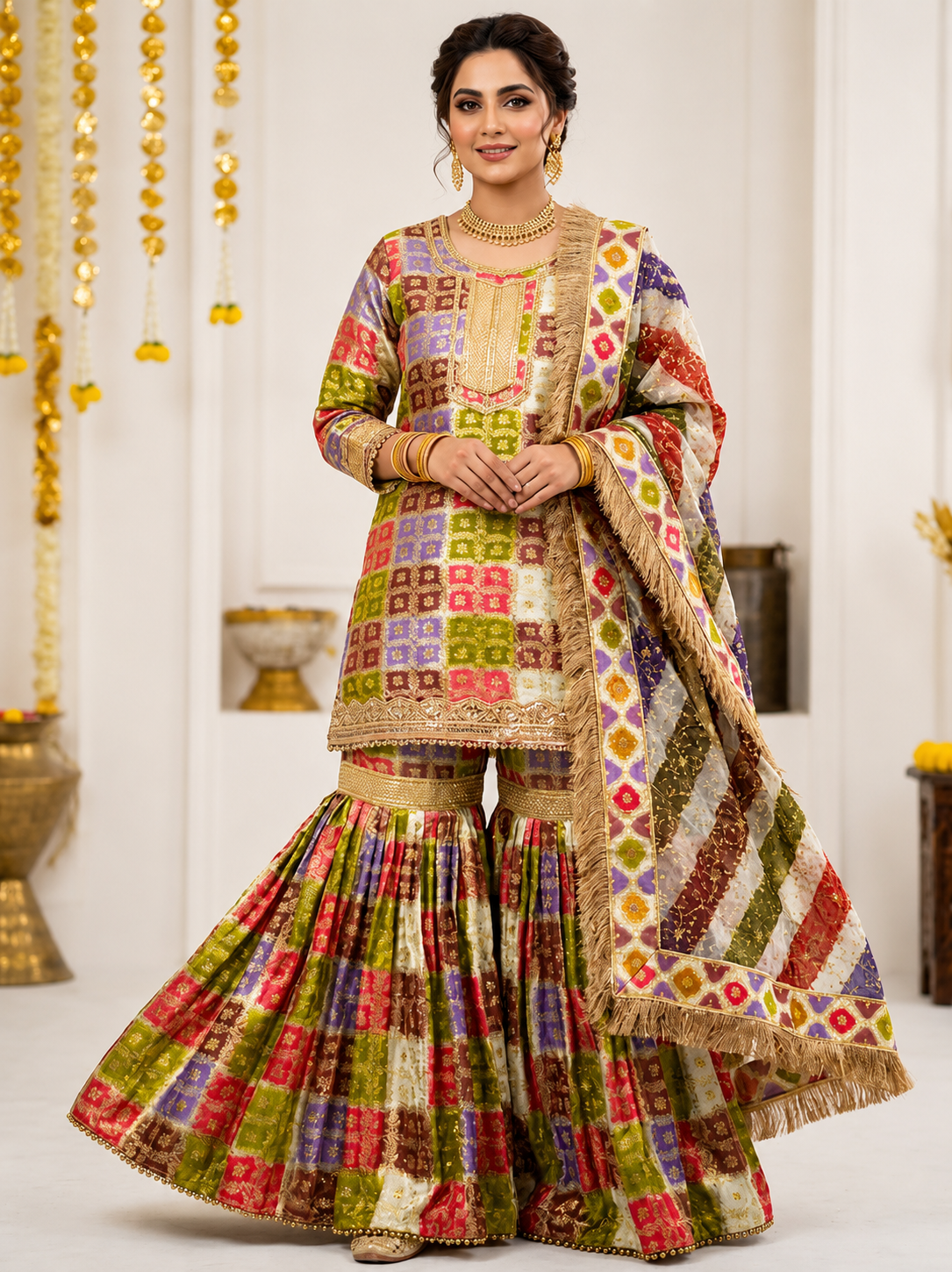 Multicolor Banarasi Gharara Set with Dupatta – Festive & Wedding Elegance