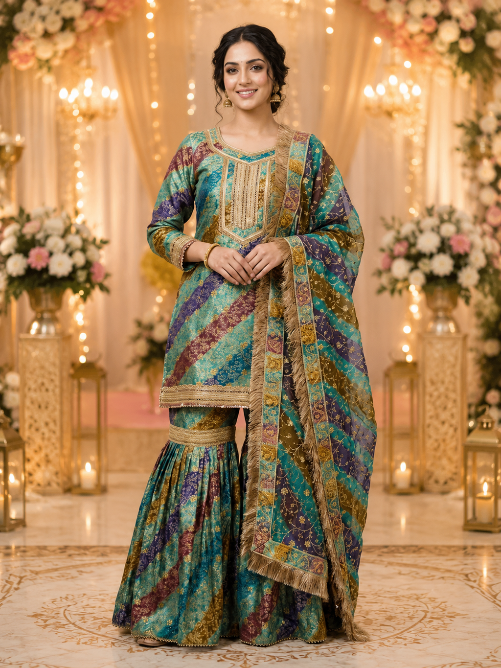 Premium Banarasi Gharara Set for Women – Teal Blue Multicolour