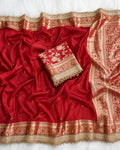 RED TISSUE SILK VIRAL GHUNGROO WORK SAREE WITH RICH PALLU