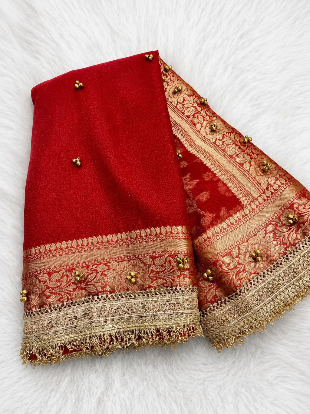 RED TISSUE SILK VIRAL GHUNGROO WORK SAREE WITH RICH PALLU