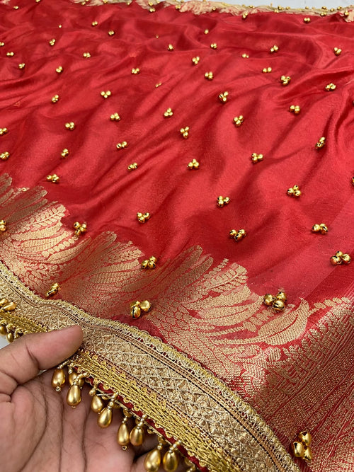 RED TISSUE SILK VIRAL GHUNGROO WORK SAREE