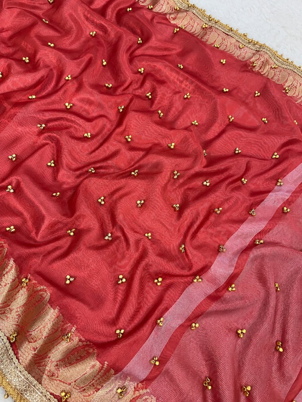 RED TISSUE SILK VIRAL GHUNGROO WORK SAREE