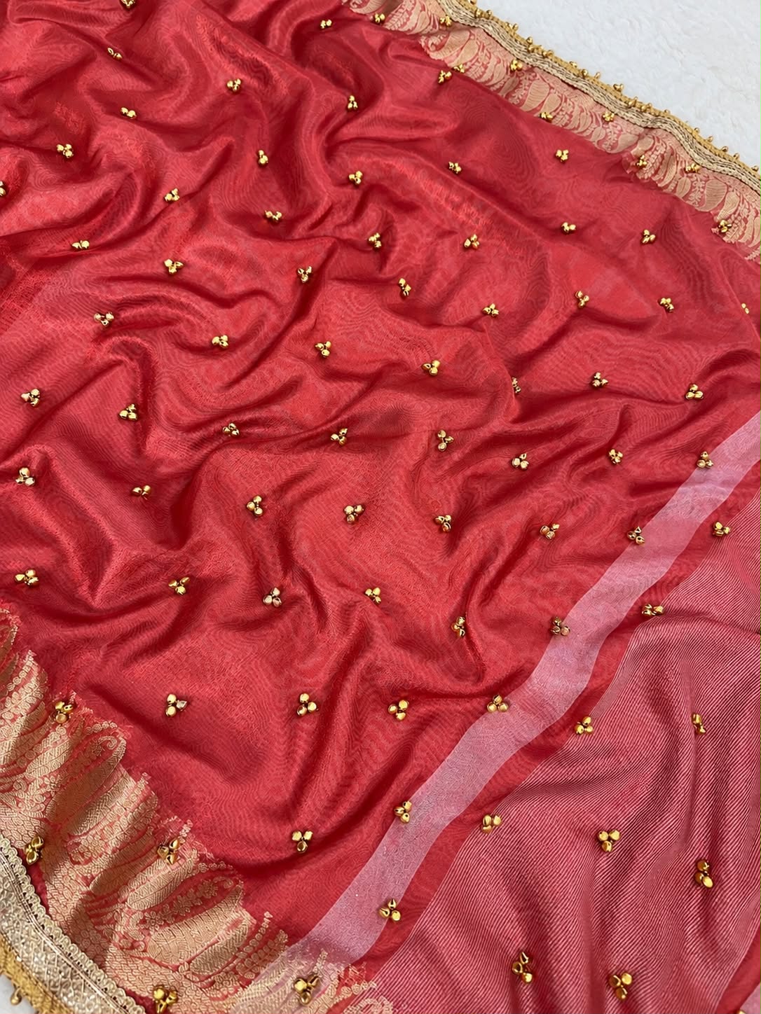 RED TISSUE SILK VIRAL GHUNGROO WORK SAREE