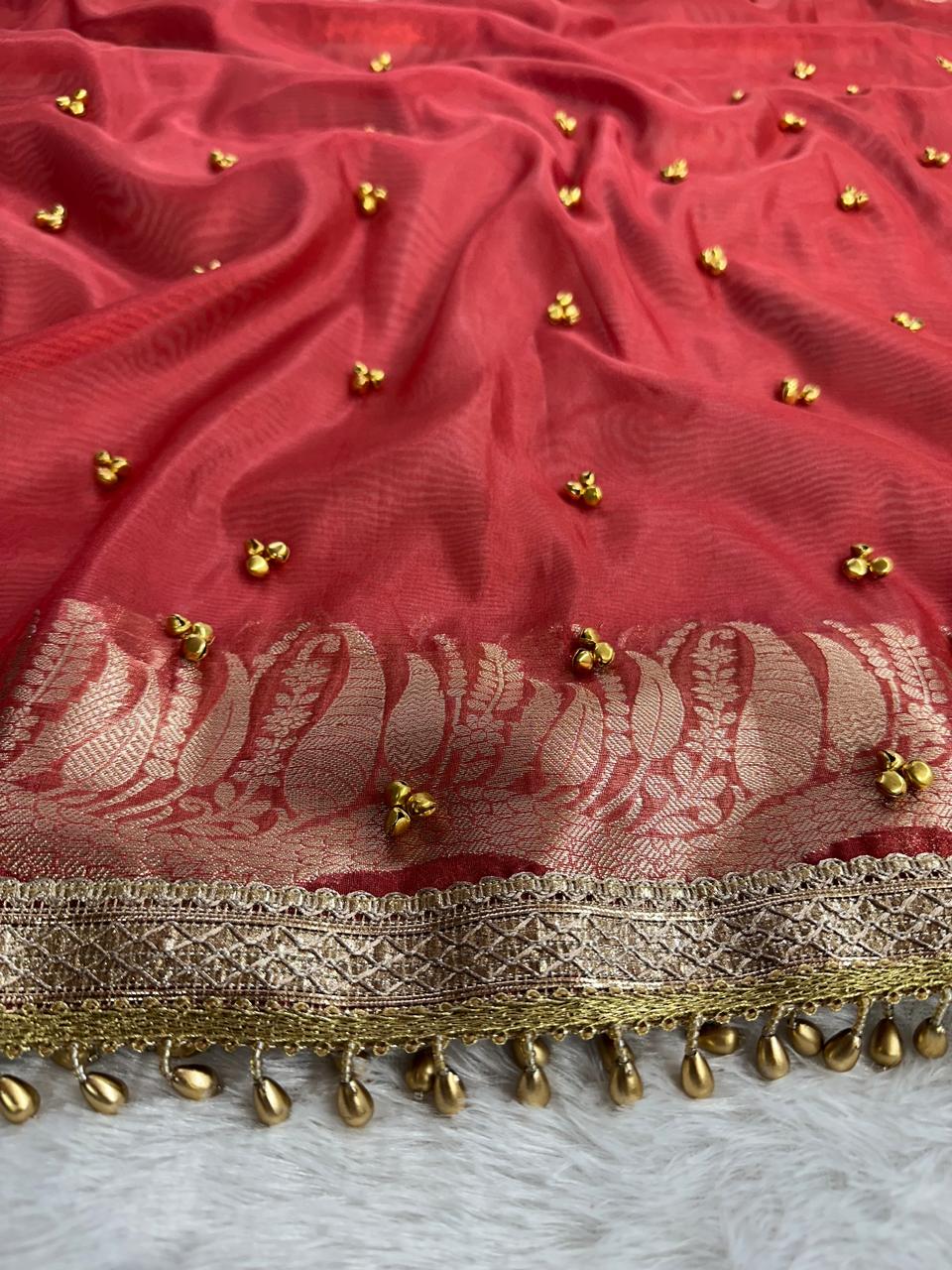 RED TISSUE SILK VIRAL GHUNGROO WORK SAREE
