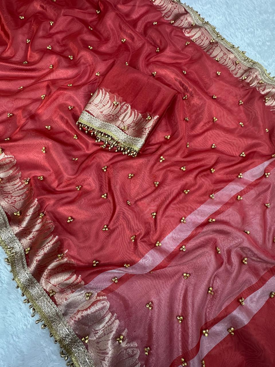 RED TISSUE SILK VIRAL GHUNGROO WORK SAREE