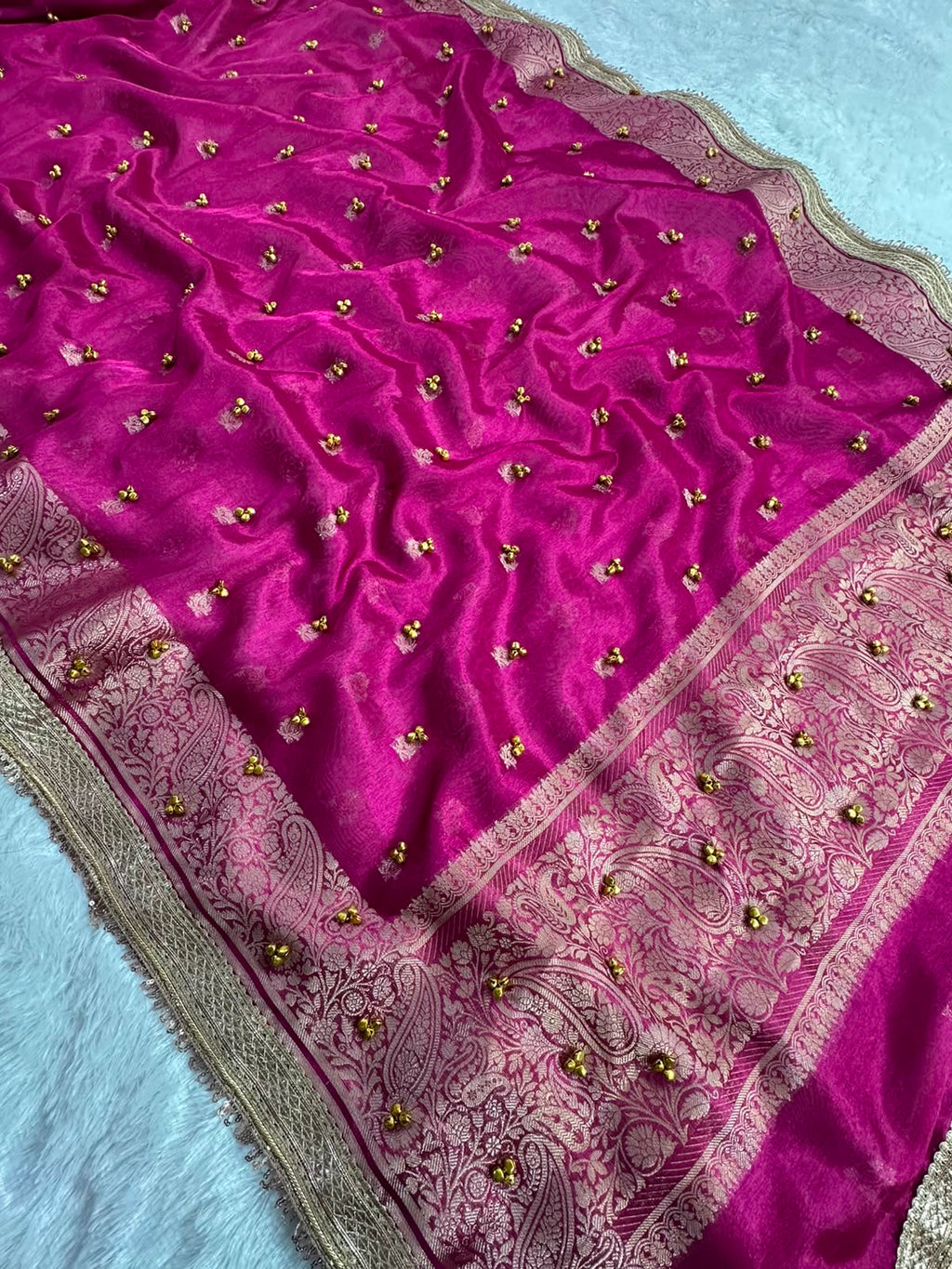 MAHARANI PINK TISSUE SILK VIRAL GHUNGROO WORK SAREE
