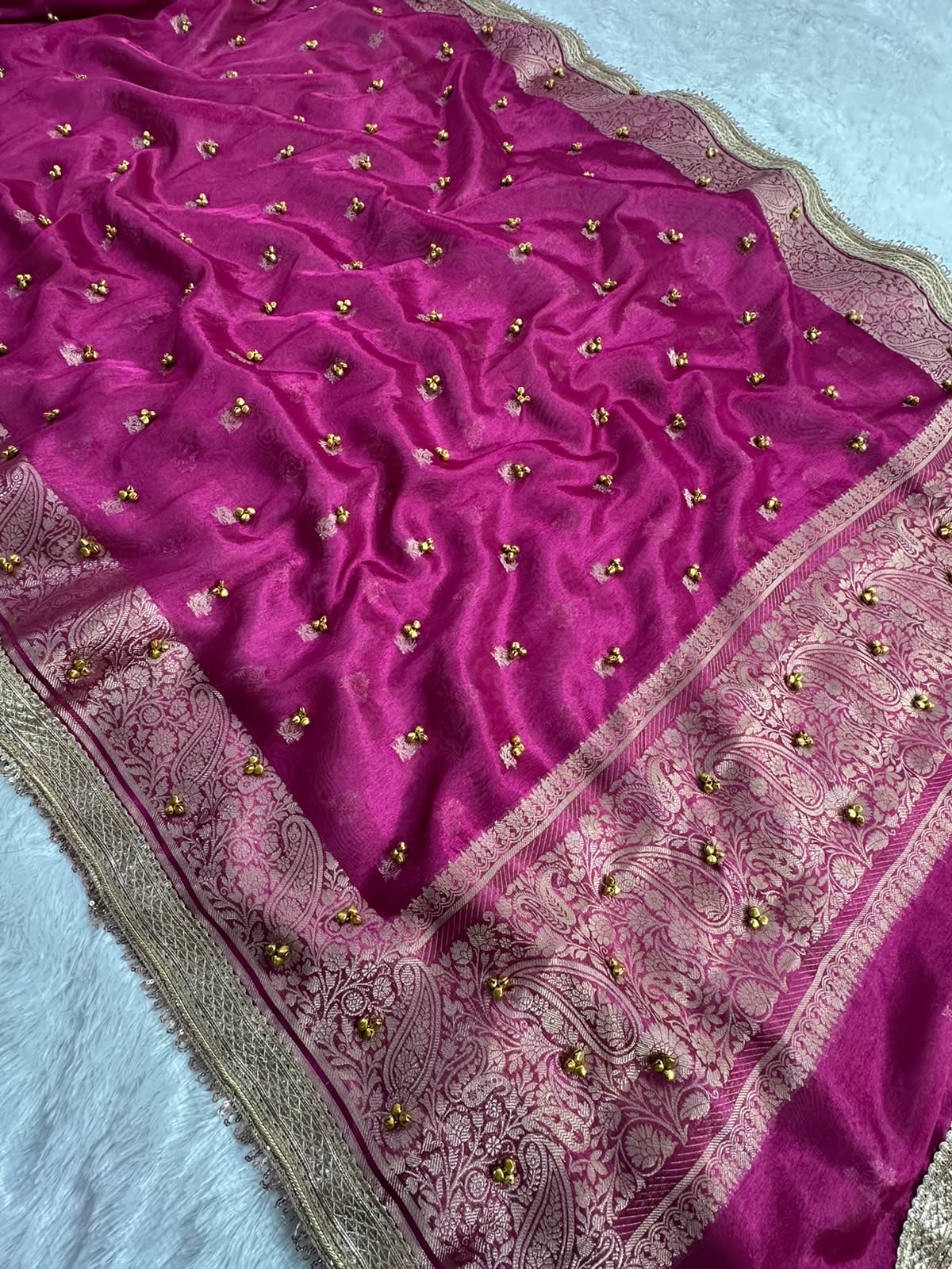 MAHARANI PINK TISSUE SILK VIRAL GHUNGROO WORK SAREE