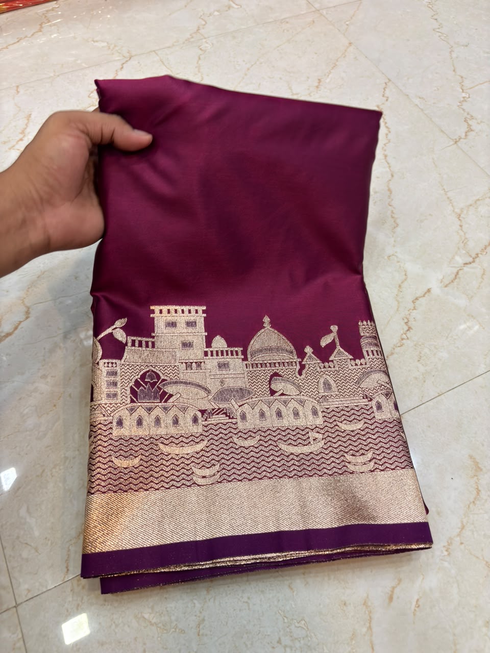Maroon Banarasi Woven Saree with Rich Zari Temple & Ghat Border ( Mashroom Katan )