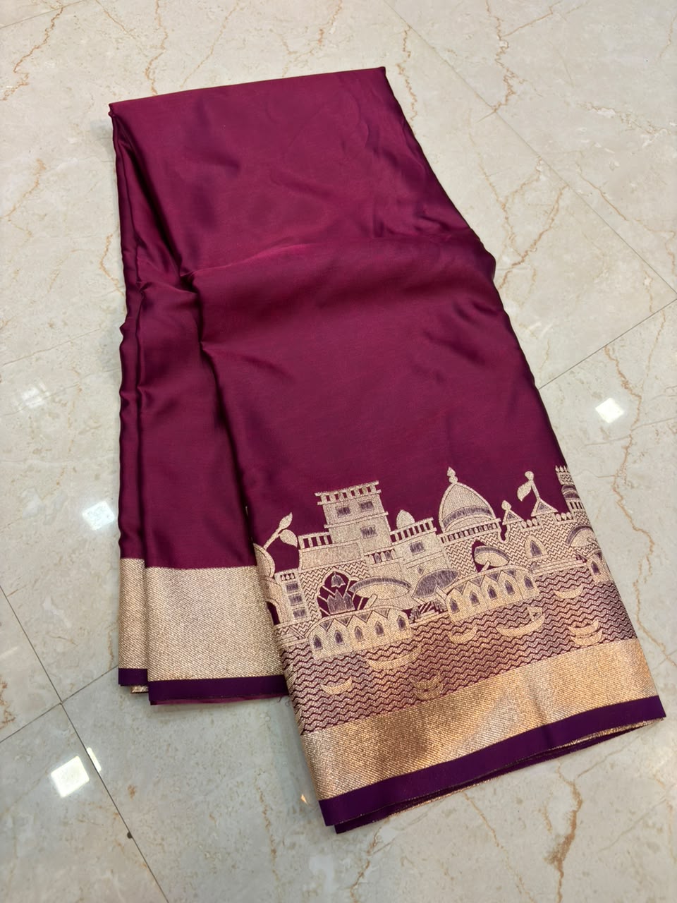 Maroon Banarasi Woven Saree with Rich Zari Temple & Ghat Border ( Mashroom Katan )