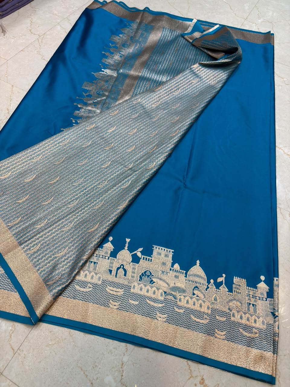 Elegant Peacock Blue Woven Saree With Rich Zari Temple & Ghat Border (Mashroom Katan)