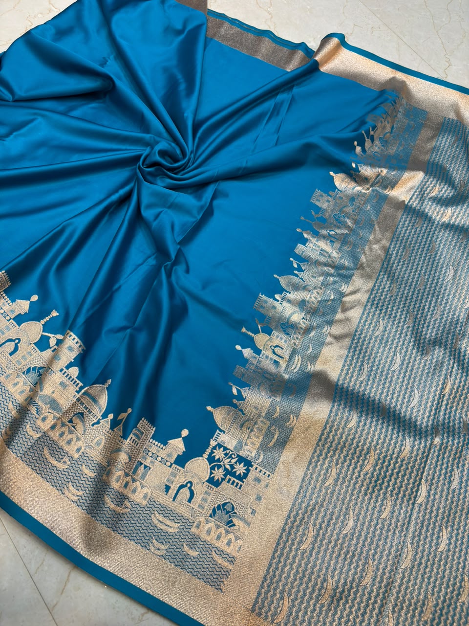 Elegant Peacock Blue Woven Saree With Rich Zari Temple & Ghat Border (Mashroom Katan)