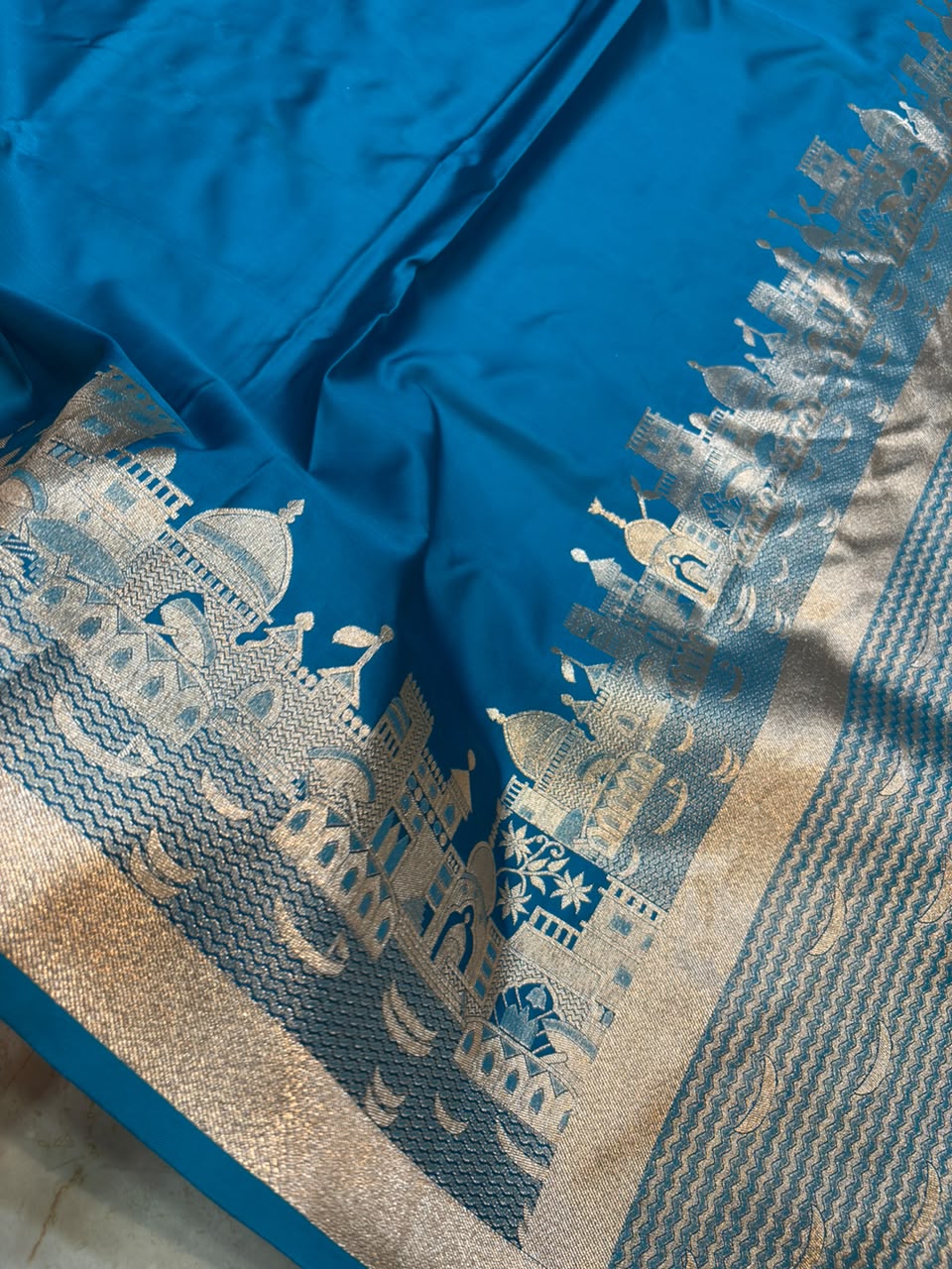 Elegant Peacock Blue Woven Saree With Rich Zari Temple & Ghat Border (Mashroom Katan)