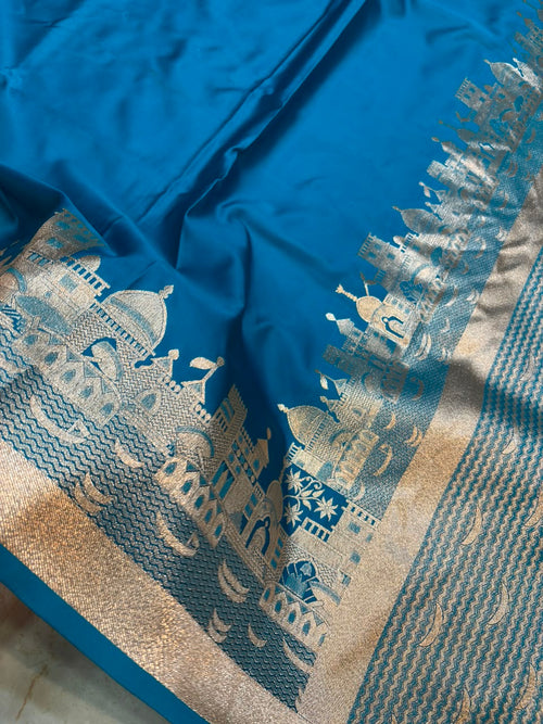 Elegant Peacock Blue Woven Saree With Rich Zari Temple & Ghat Border (Mashroom Katan)