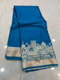 Elegant Peacock Blue Woven Saree With Rich Zari Temple & Ghat Border (Mashroom Katan)