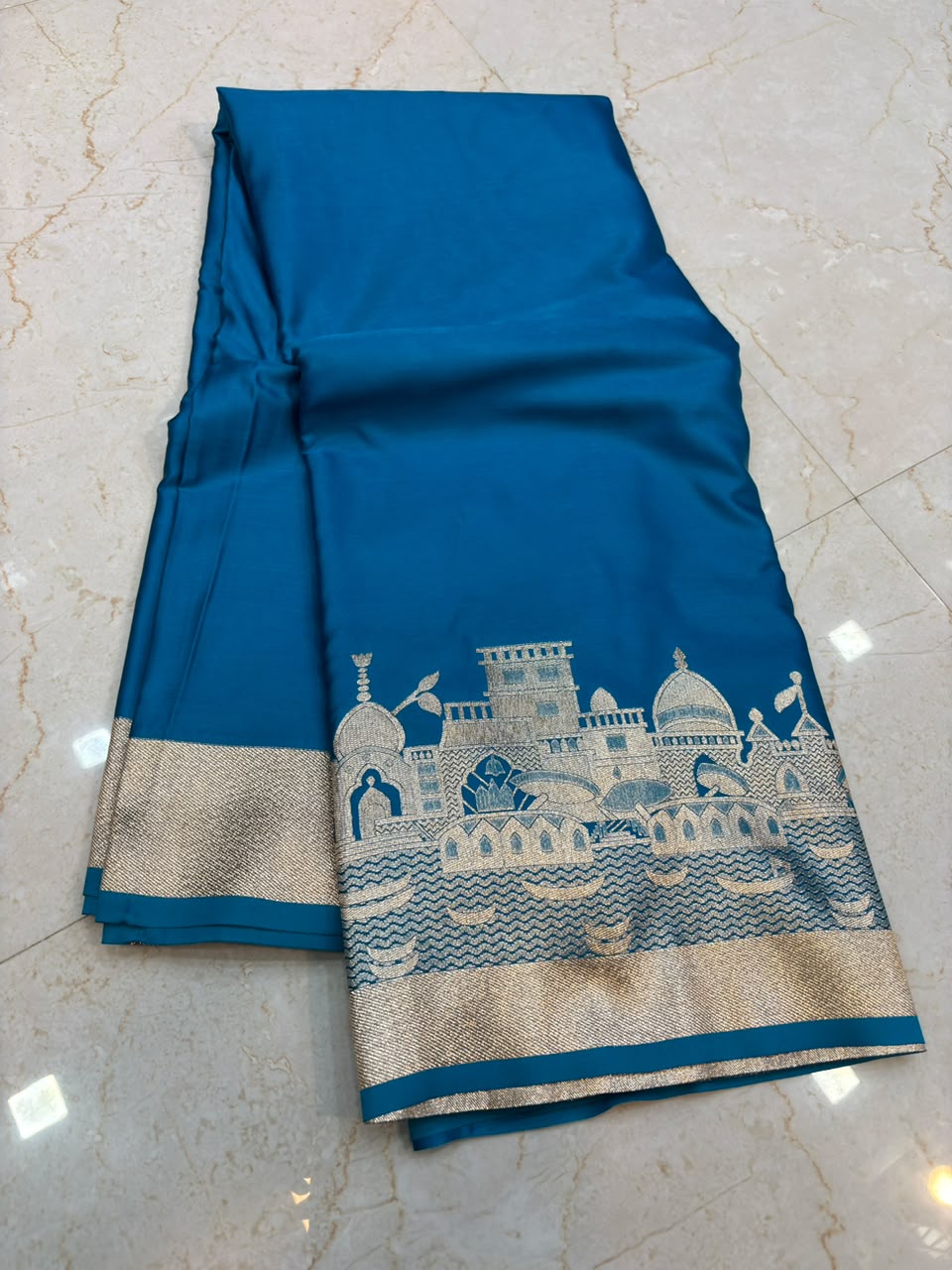 Elegant Peacock Blue Woven Saree With Rich Zari Temple & Ghat Border (Mashroom Katan)