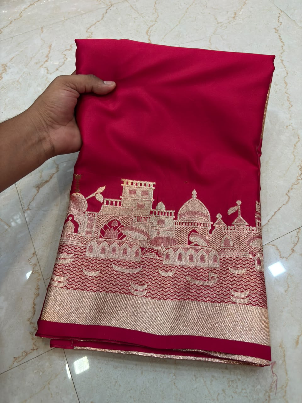 Elegant Pink Woven Saree with Rich Zari Temple (Ghat) Border