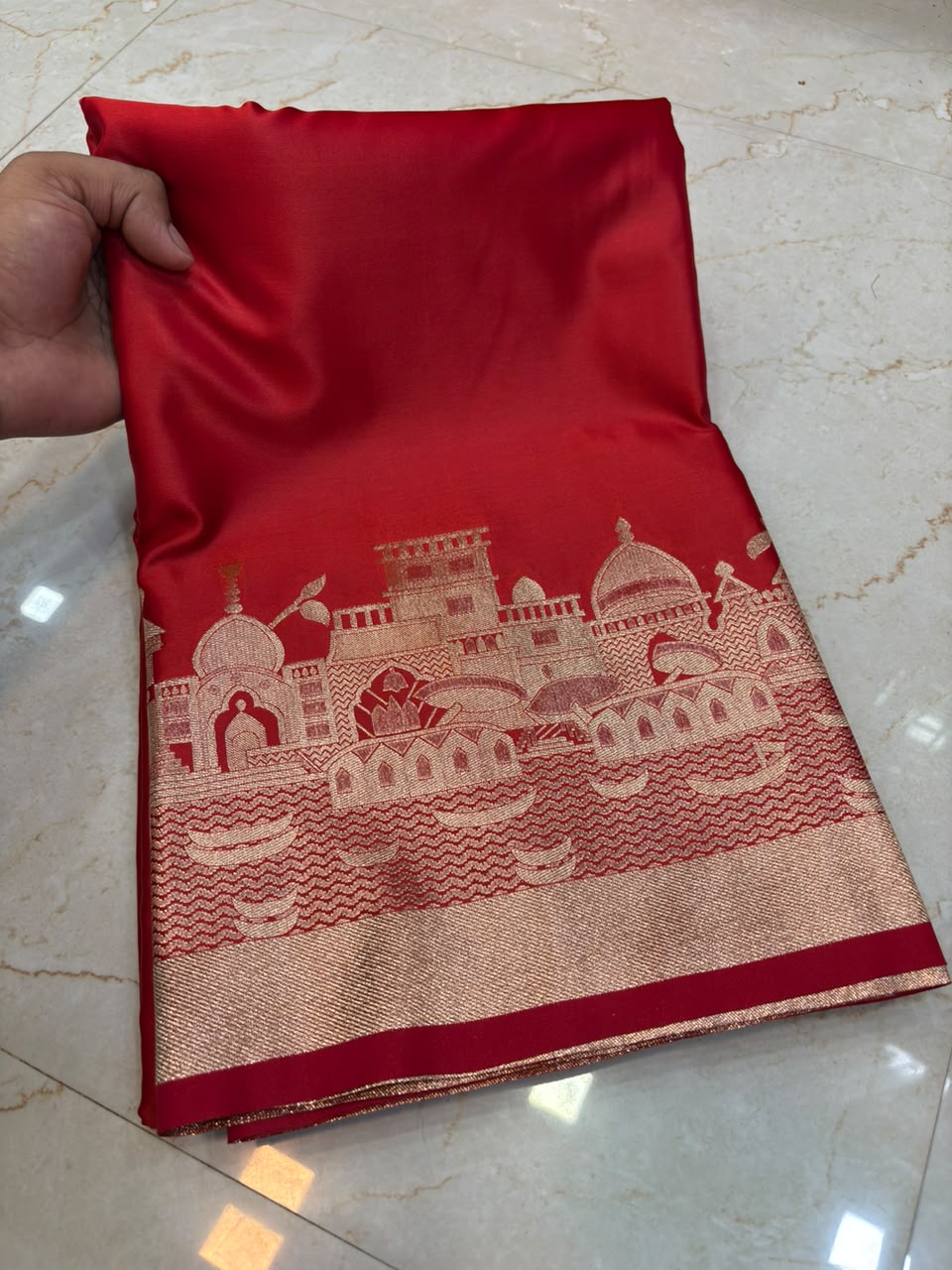 Elegant Red Woven Saree with Rich Zari Temple (Ghat) Border
