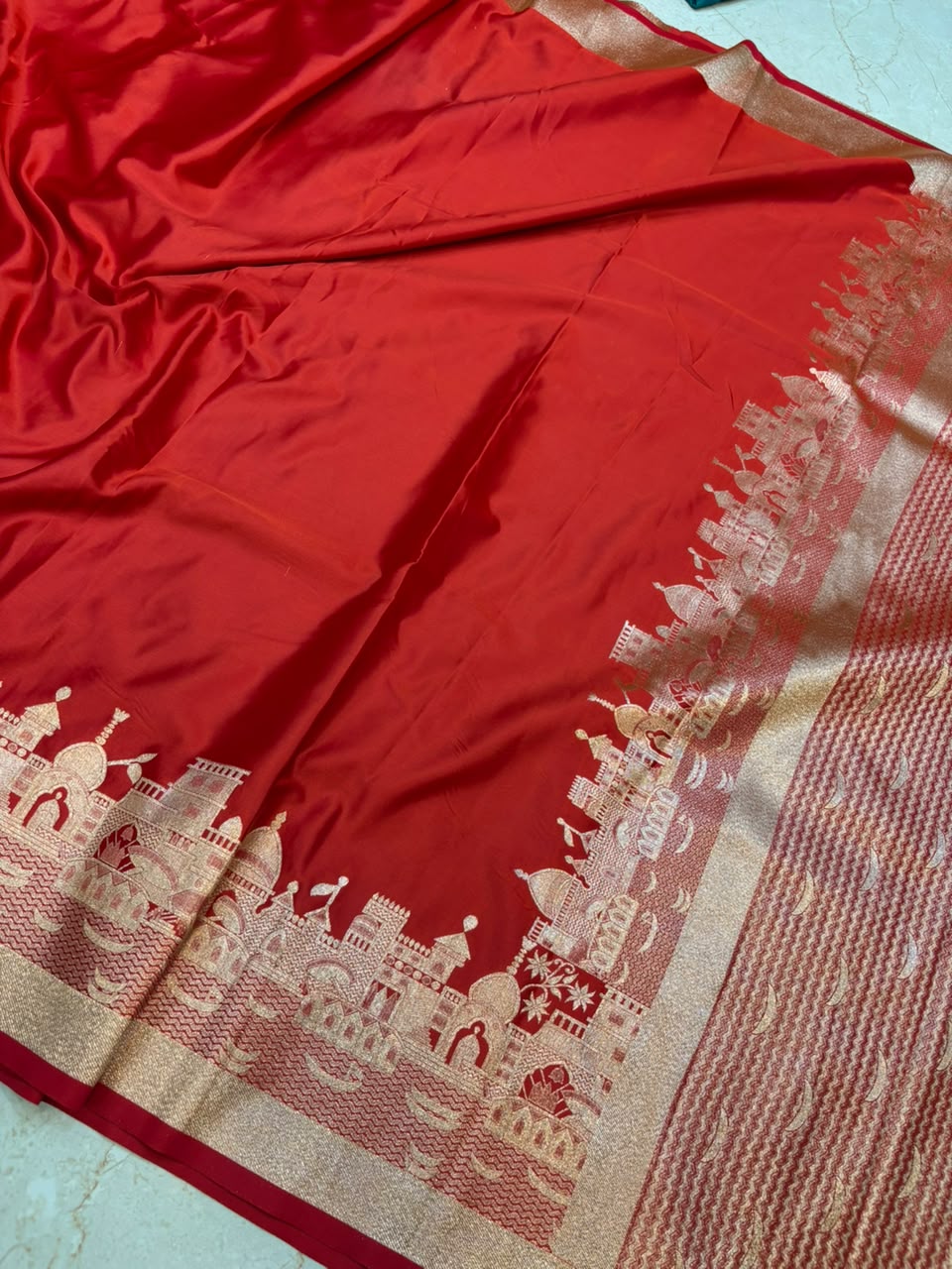 Elegant Red Woven Saree with Rich Zari Temple (Ghat) Border