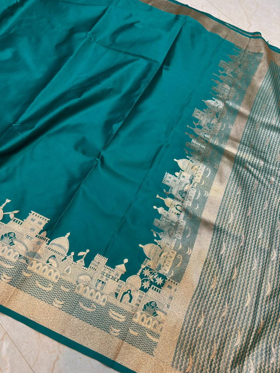 Rama Green Banarasi Mashru Katan Saree with Rich Zari Temple & Ghat Border