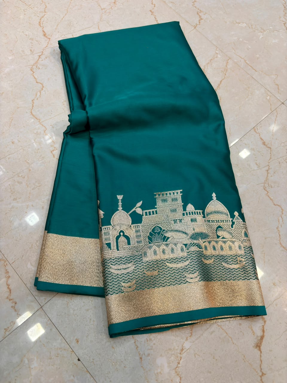 Rama Green Banarasi Mashru Katan Saree with Rich Zari Temple & Ghat Border