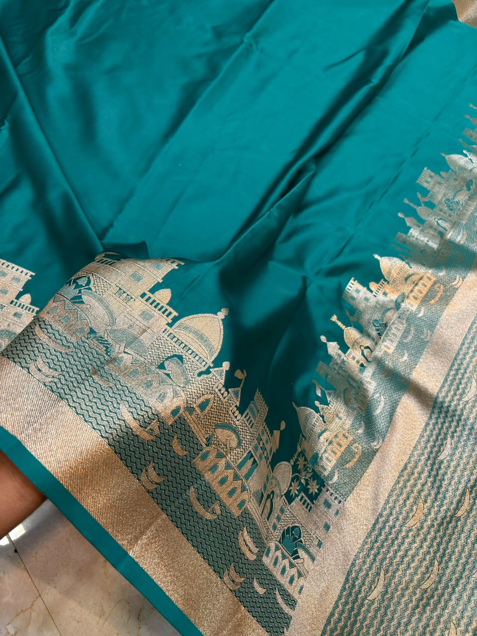 Rama Green Banarasi Mashru Katan Saree with Rich Zari Temple & Ghat Border