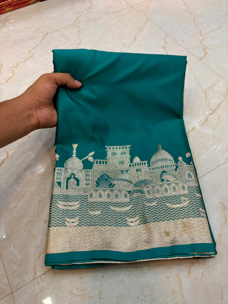 Rama Green Banarasi Mashru Katan Saree with Rich Zari Temple & Ghat Border