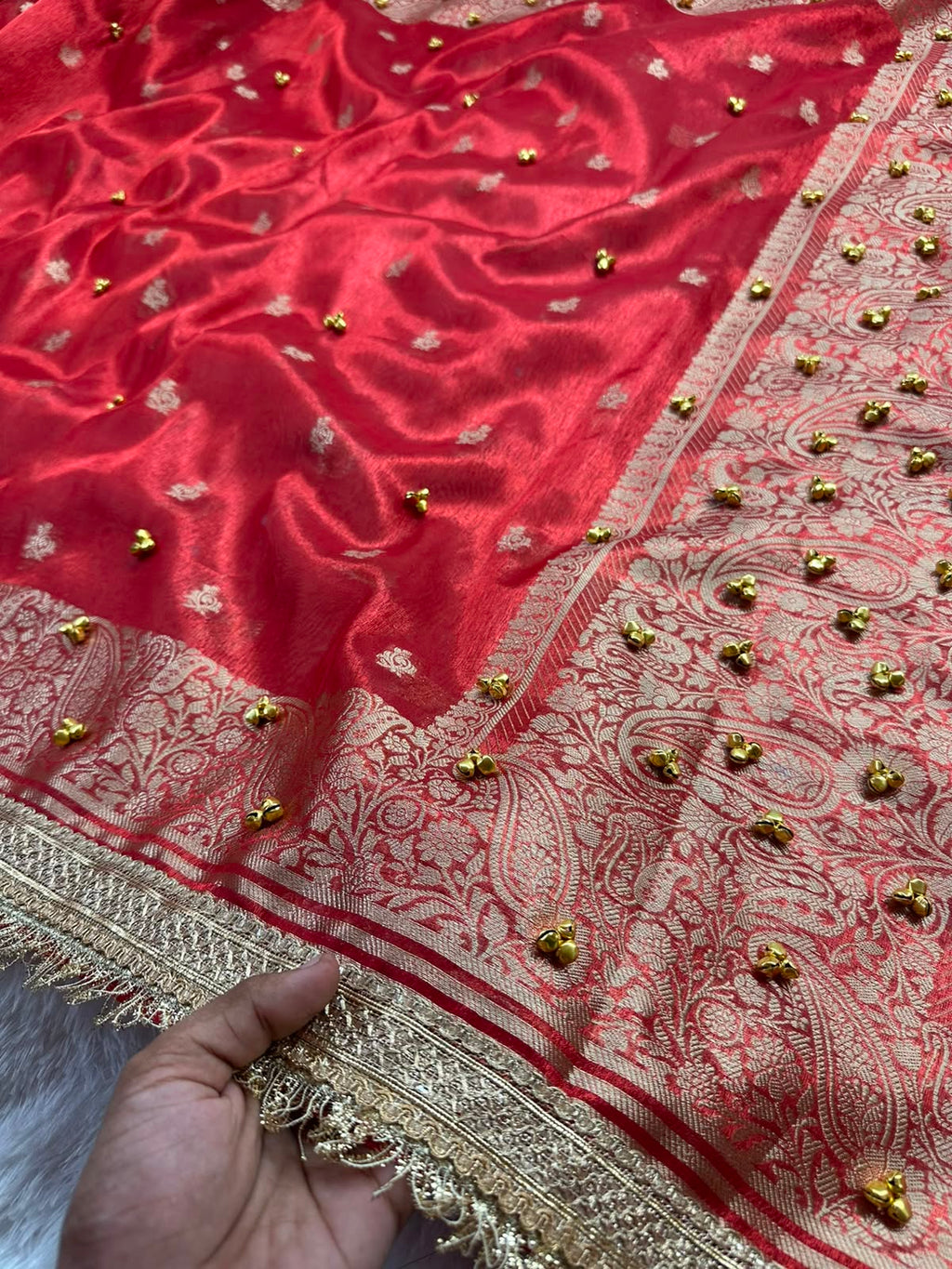 RED TISSUE SILK VIRAL GHONGROO WORK SAREE WITH RICH PALLU