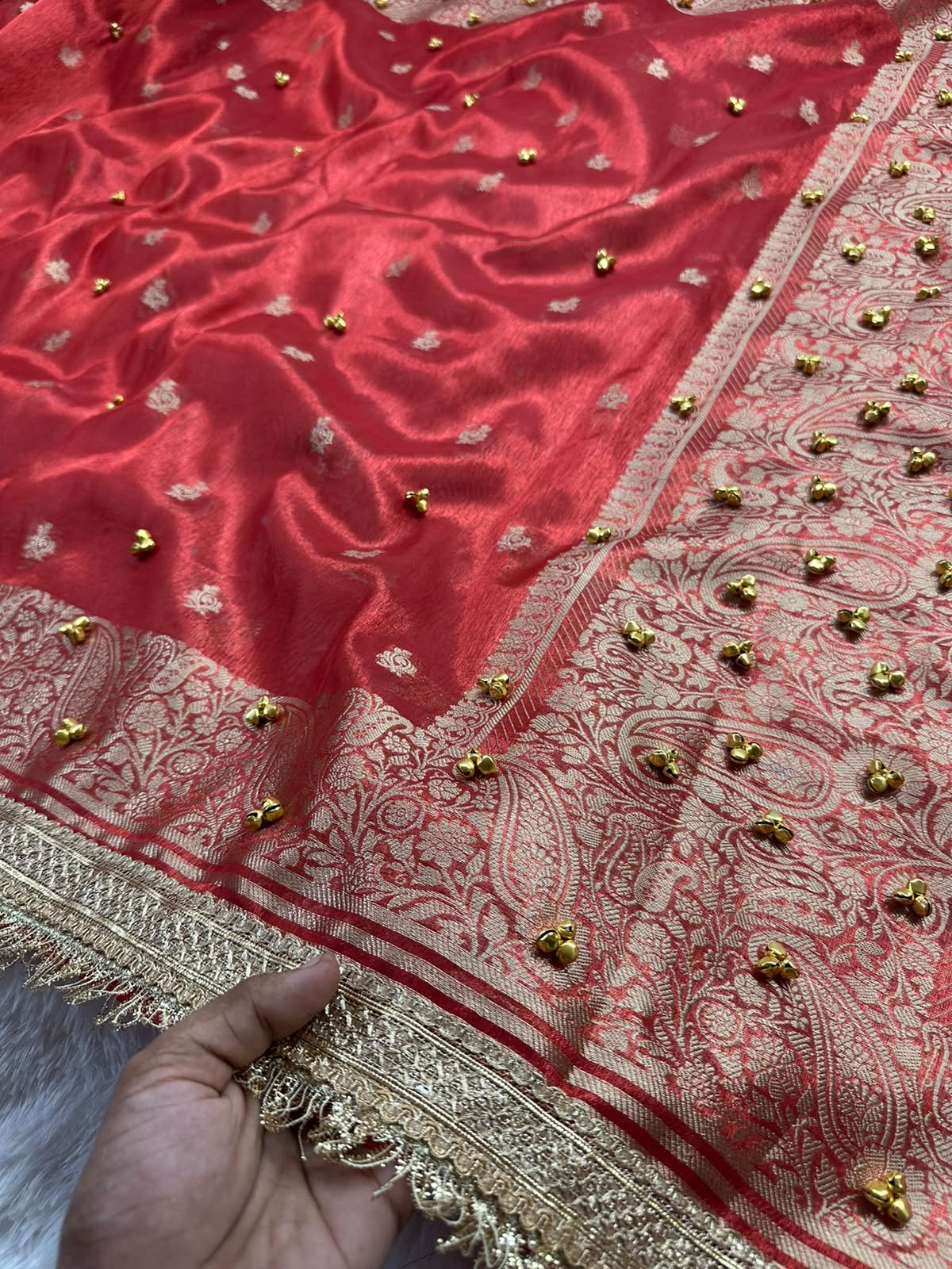 RED TISSUE SILK VIRAL GHONGROO WORK SAREE WITH RICH PALLU