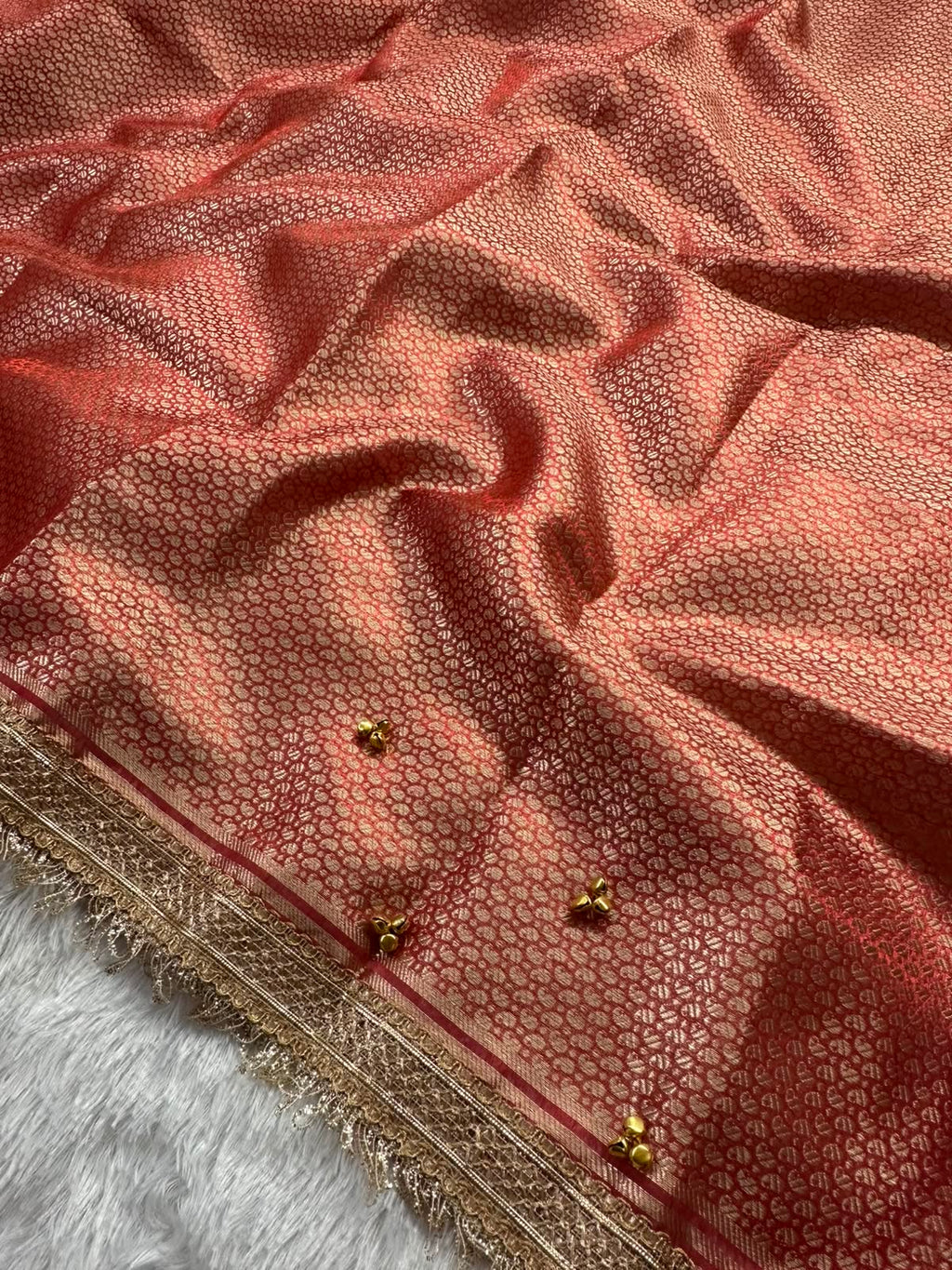 RED TISSUE SILK VIRAL GHONGROO WORK SAREE WITH RICH PALLU