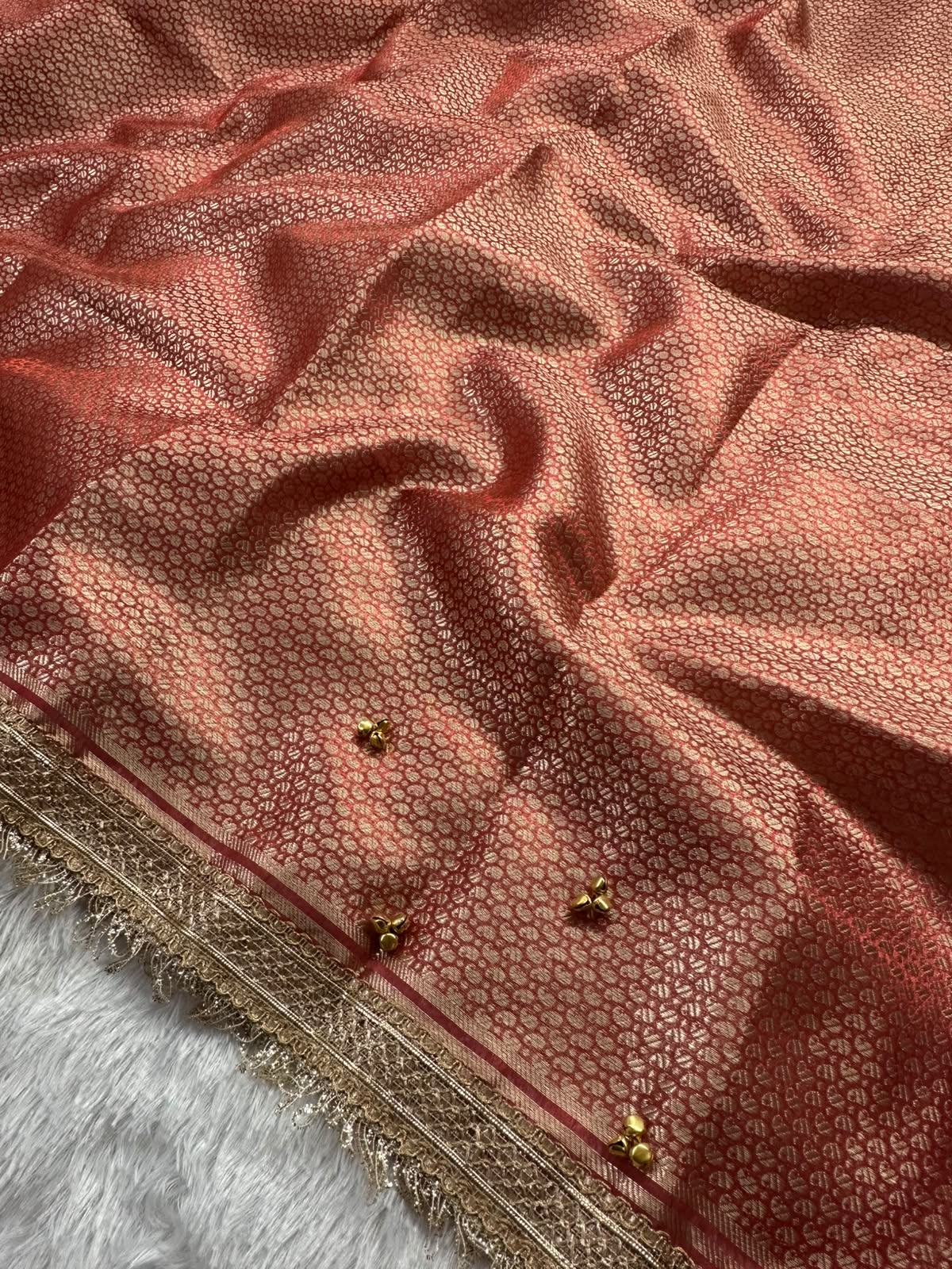 RED TISSUE SILK VIRAL GHONGROO WORK SAREE WITH RICH PALLU