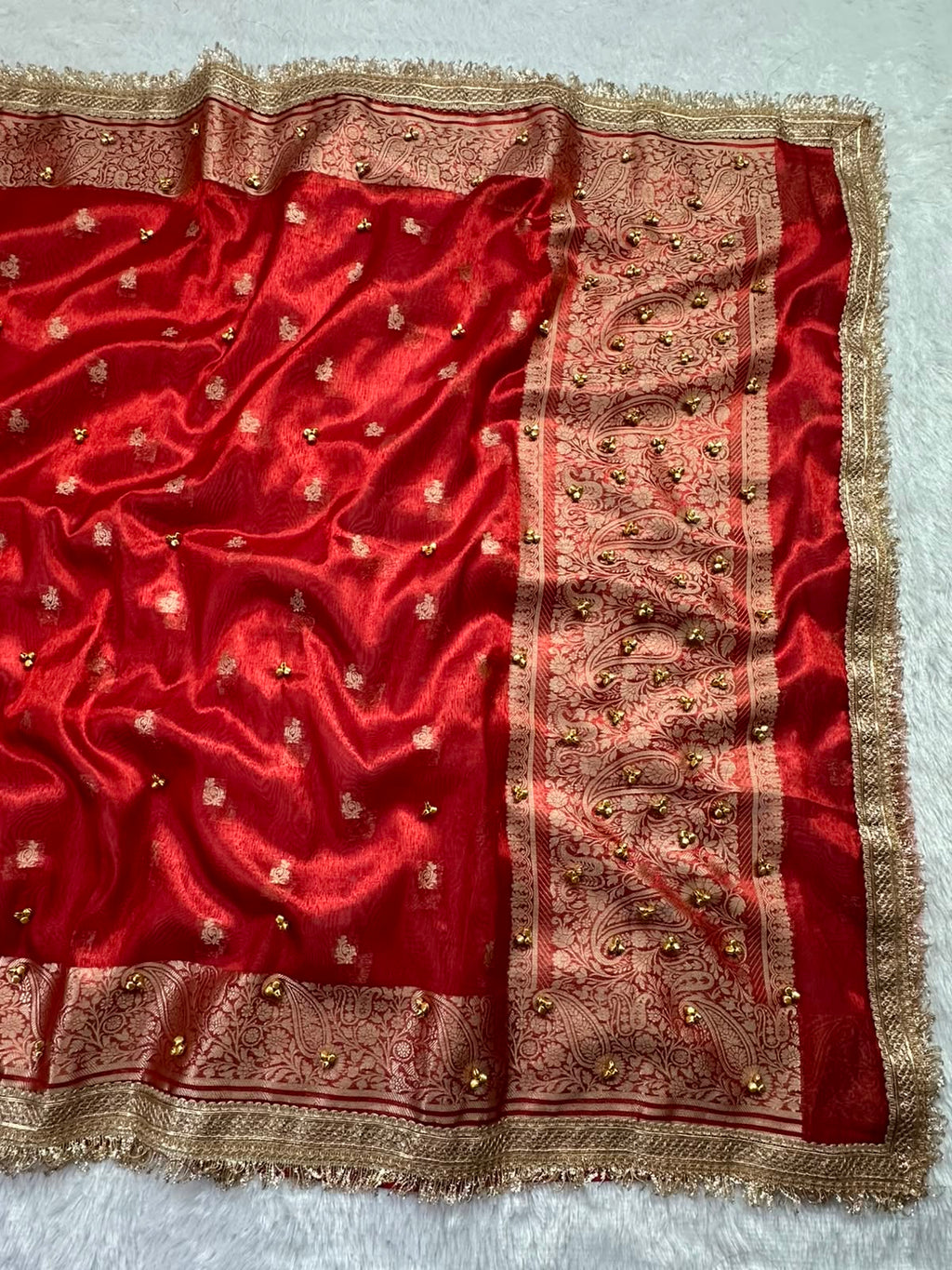 RED TISSUE SILK VIRAL GHONGROO WORK SAREE WITH RICH PALLU