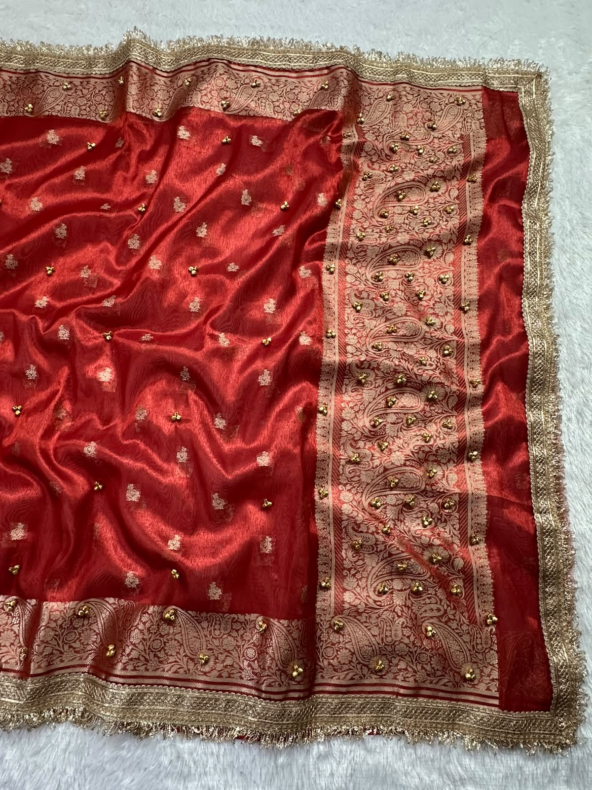 RED TISSUE SILK VIRAL GHONGROO WORK SAREE WITH RICH PALLU