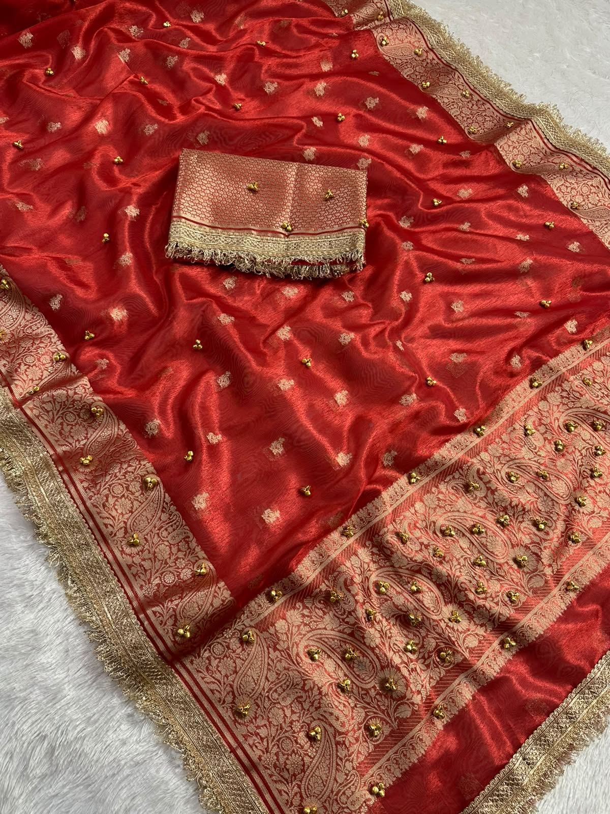 RED TISSUE SILK VIRAL GHONGROO WORK SAREE WITH RICH PALLU