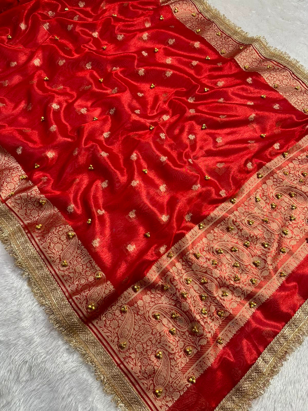 RED TISSUE SILK VIRAL GHONGROO WORK SAREE WITH RICH PALLU