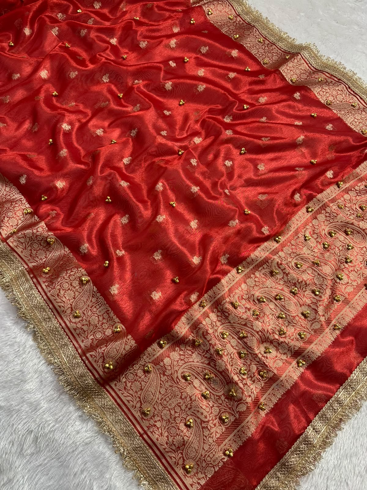 RED TISSUE SILK VIRAL GHONGROO WORK SAREE WITH RICH PALLU