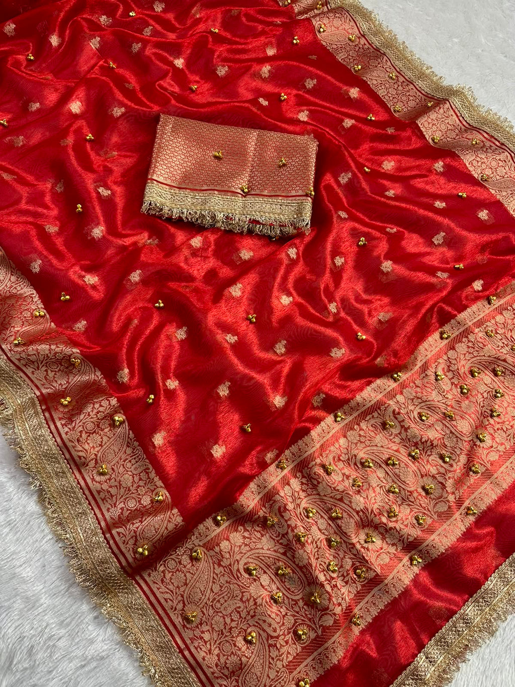 RED TISSUE SILK VIRAL GHONGROO WORK SAREE WITH RICH PALLU
