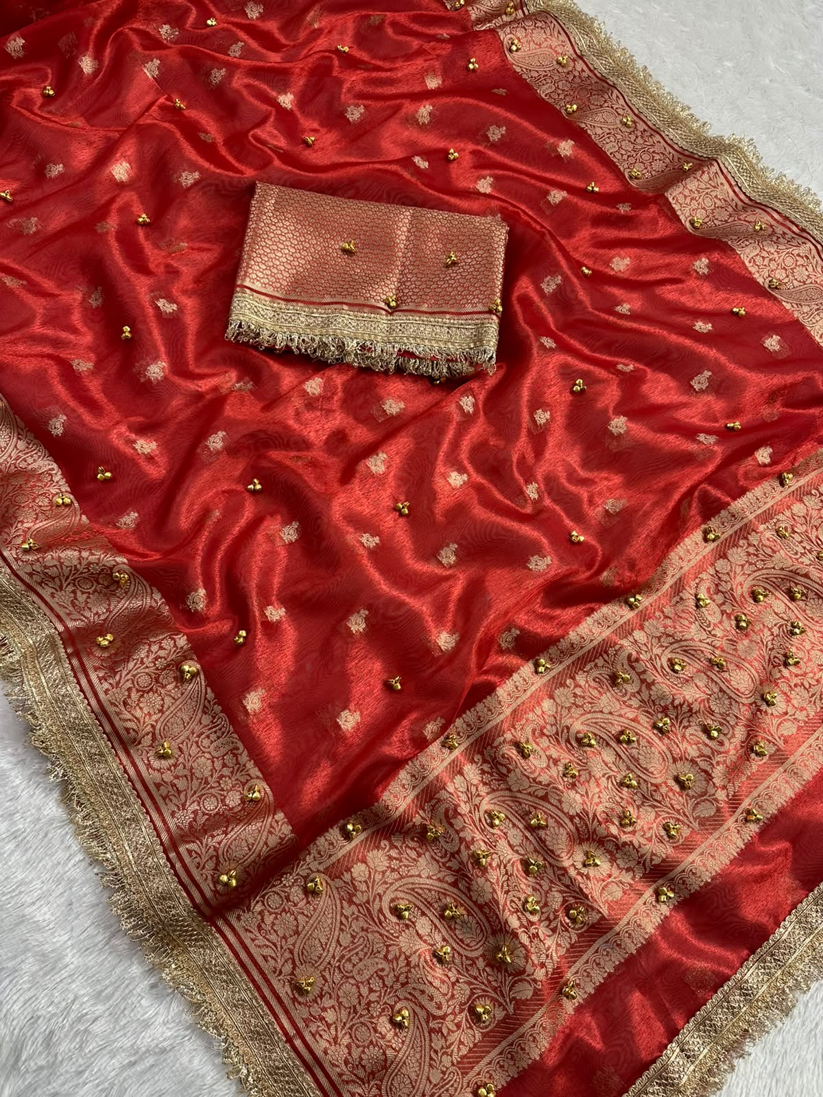 RED TISSUE SILK VIRAL GHONGROO WORK SAREE WITH RICH PALLU